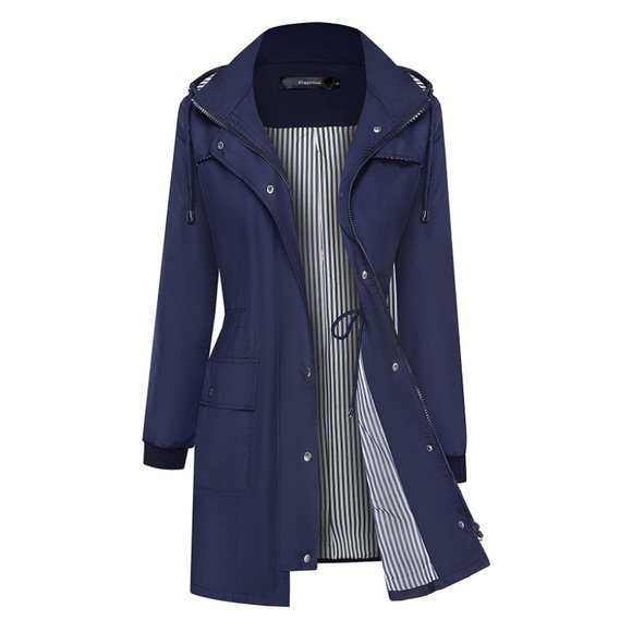 Raincoat Windbreaker Rain Jacket Waterproof Lightweight  Hooded Navy Blue - Picture 1 of 12